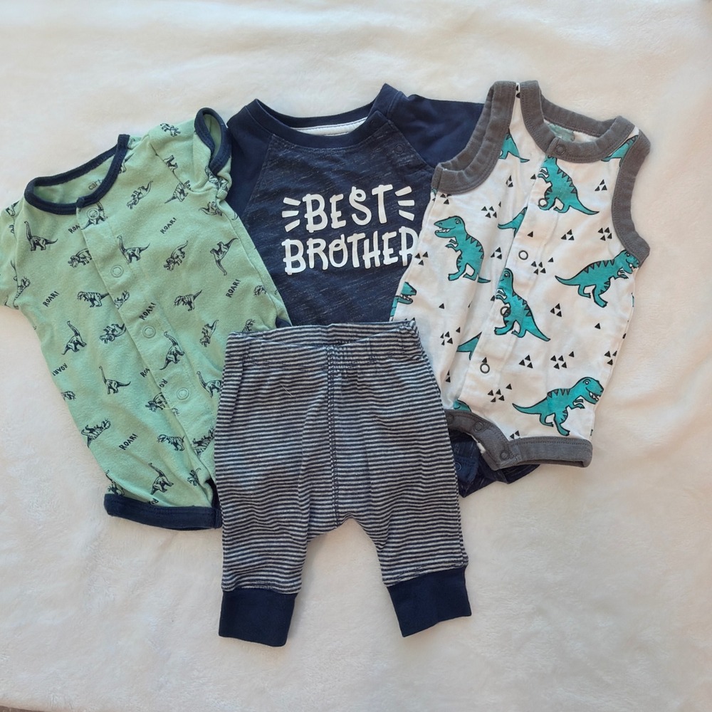 Mixed Brand Baby Clothes Lot NB Blue Green Excellent Dinosaur 4pc Set